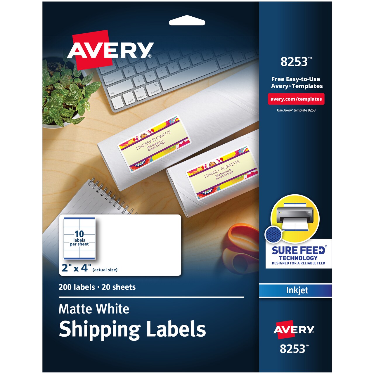 Avery Printable Shipping Labels, 2" x 4", Matte White, Sure Feed Technology, Inkjet Printer Compatible, 200 Blank Labels Total (8253)